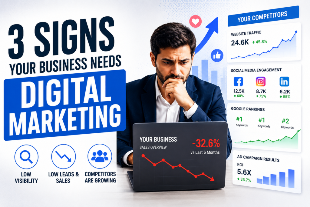 "Business owner realizing the need for digital marketing due to low online visibility and declining sales."