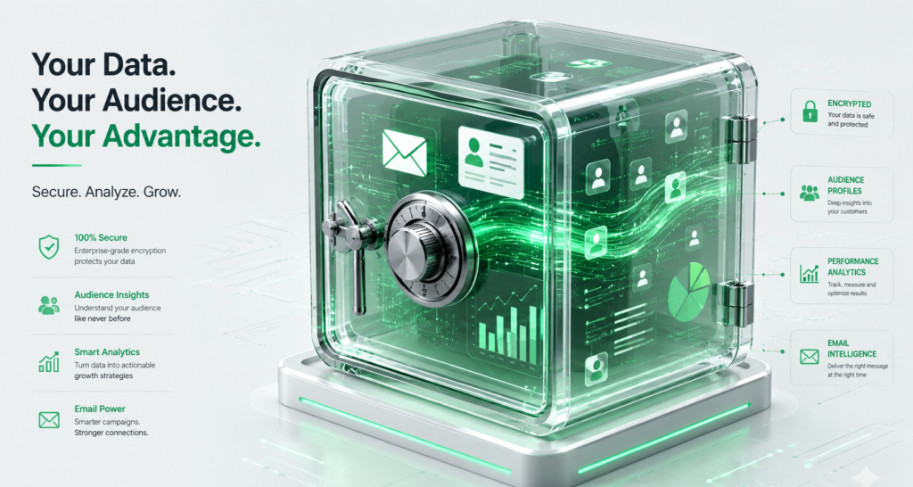 Transparent digital vault filled with glowing green data streams, email icons, user profile cards, and analytics dashboards securely stored inside. Modern isometric 3D illustration with a clean white background, symbolizing data security, customer insights, email marketing, and analytics-driven growth.
