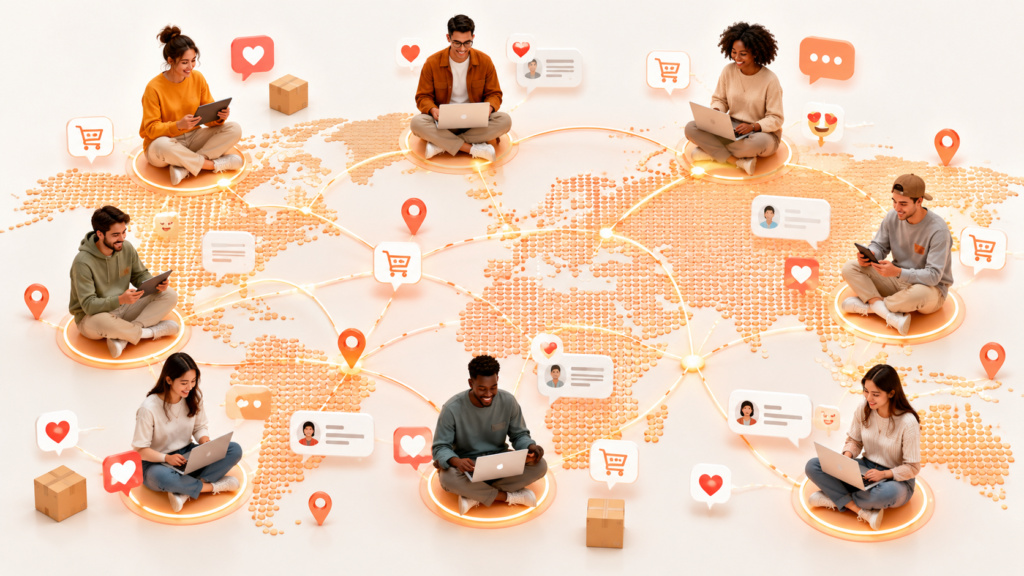 A diverse group of people connected across a glowing world map through digital communication networks, with floating shopping cart icons, chat bubbles, heart reactions, and location markers. Warm coral and amber tones in a modern isometric 3D illustration represent global social commerce, online communities, and digital engagement.